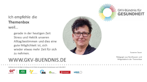 Bild mit Angaben zum GKV-Bündnis und Abbildung einer Frau, welche am Projekt beteiligt ist.